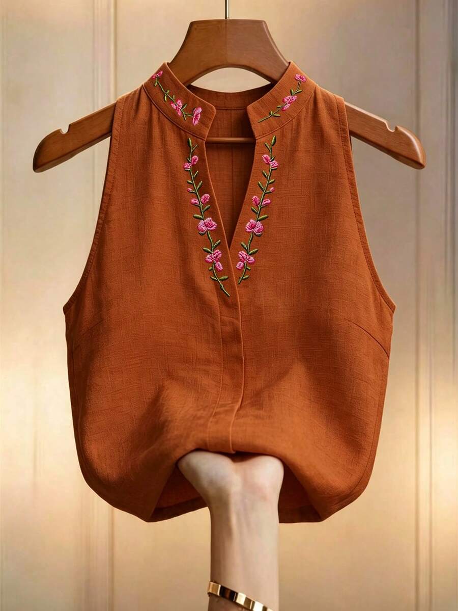 Louniche 女款花卉刺繡立領無袖上衣，刺繡上衣，優雅夏季穿搭，辦公與通勤穿著 - 鏽棕色 - 查看 1