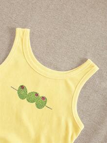 Rovax Olive Pattern Rhinestone Embellished Women's Casual Fashionable Cropped Tank Top - Multicolor - View 5