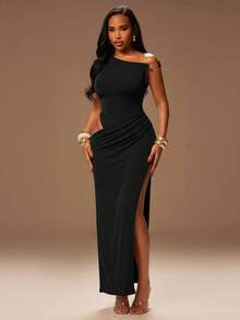 Radiana Summer Sexy Elegant Black Asymmetrical Shoulder Cutout Waist Design Fitted Dress, Jumpsuit, High Slit, Metal Buckle Decor Night Out Dinner - Black - View 6