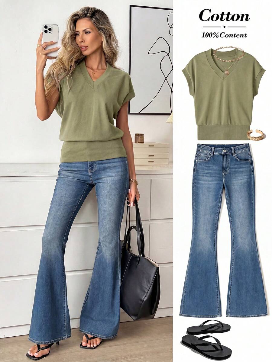 Easowa Women's Solid Color V-Neck Batwing Short Sleeve Casual T-Shirt - Green - View 1