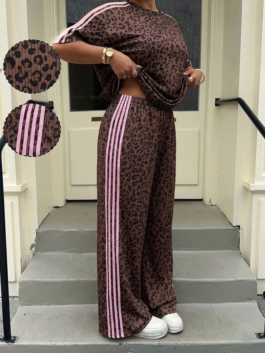 SHEIN EZwear 大尺碼女款豹紋圓領T恤與長褲休閒兩件套 - 棕色 - 查看 1