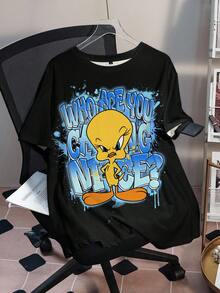 LOONEY TUNES X SHEIN Plus Size Women's Letter Print Crew Neck Short Sleeve Casual T-Shirt - White - View 1