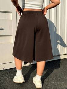 Muchica Plus Size Spring Summer Casual Ultra Wide Leg Solid Color Elastic Waist Capri Sweatpants - Chocolate Brown - View 2