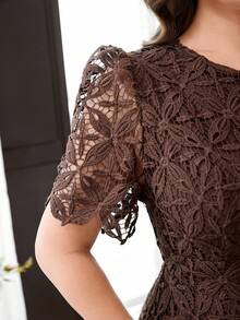 Reflora Plus Size Elegant Elegant Faux Pearl Button Decor Lace Patchwork Round Neck Dress - Brown - View 9
