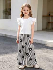 SHEIN Elladie kids 女童2件組針織紋理圓領短袖上衣與梭織印花直筒長褲，休閒度假風，適合春夏季日常穿著與度假 - 黑與白 - 查看 10