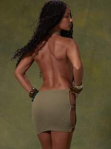 MUSERA Green High Neck Backless Side Cut Out Mini Dress - Olive Green - View 4