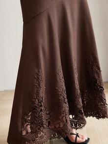Heiryn Women's Teachers' Day Fashion Versatile Embroidered Hem Patchwork Maxi Skirt Party Office Dark Brown Autumn Elegant French - Brown - View 3