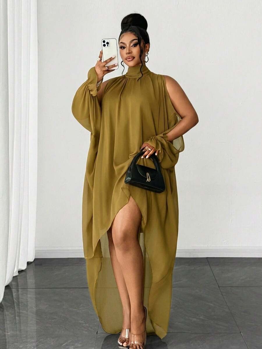 Maweii 大尺碼優雅素色鏤空長袖高低下擺洋裝 - 芥末黃 - 查看 1