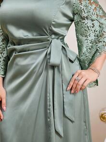 Reflora 大尺碼夏季網紗刺繡拼接修身洋裝，綠色洋裝，優雅洋裝，度假，度假穿搭，女款婚禮賓客洋裝，婚禮派對洋裝，婚禮，伴娘洋裝，婚禮賓客派對洋裝，畢業典禮媽媽穿搭，優雅派對洋裝 - 綠色 - 查看 9