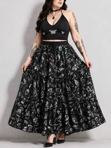 ROMWE Fairycore Outdoor Vacay Summer Outfits Plus Size Women 2 Pieces Set With Dark Gothic Raven, Dead Tree, Skull, Butterfly, Moth, Mushroom All-Over Print - Black - View 1