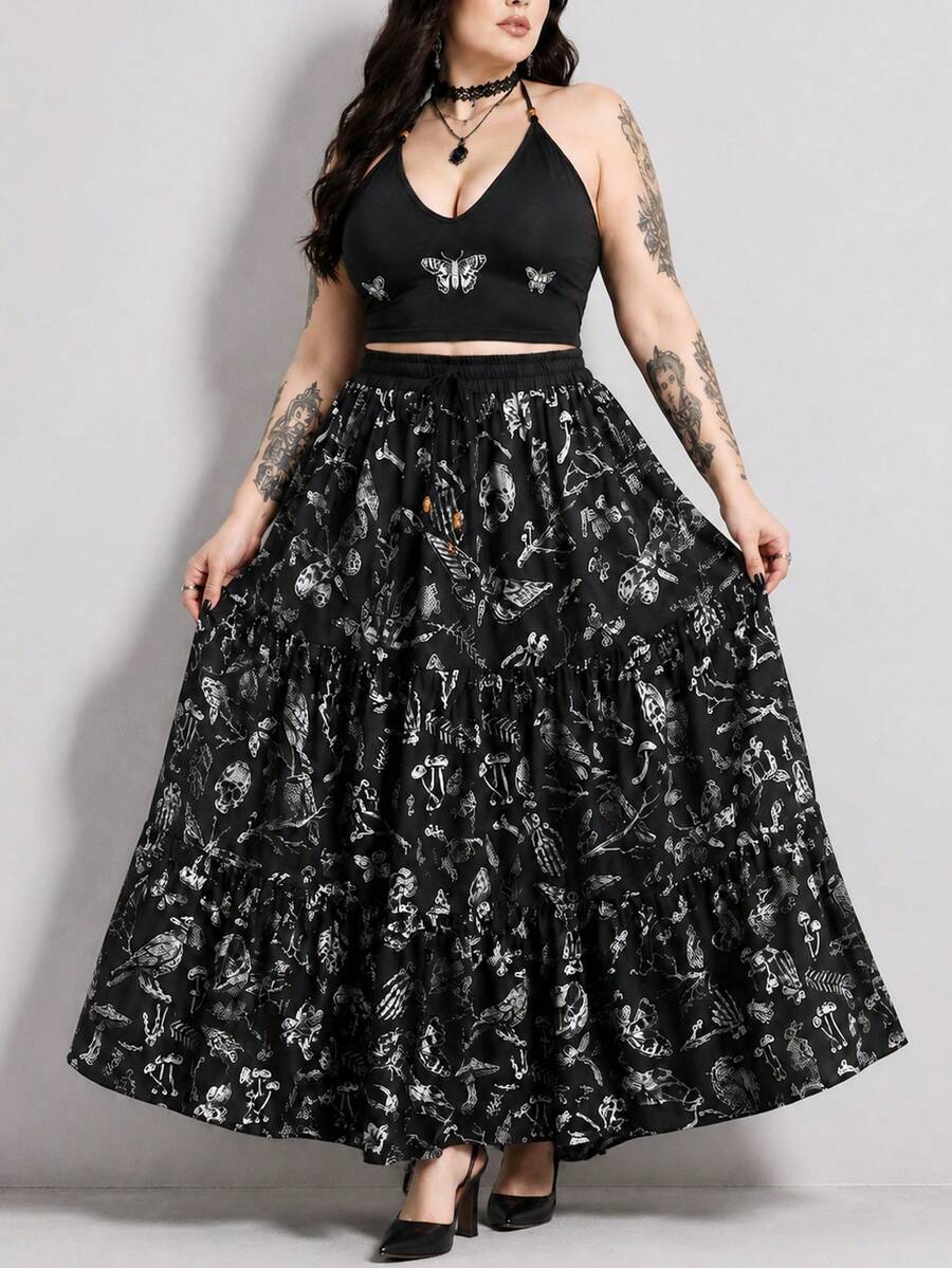ROMWE Fairycore Outdoor Vacay Summer Outfits Plus Size Women 2 Pieces Set With Dark Gothic Raven, Dead Tree, Skull, Butterfly, Moth, Mushroom All-Over Print - Black - View 1