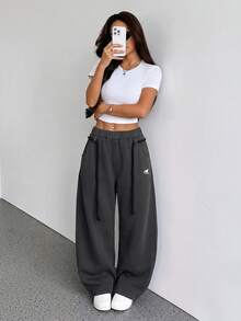 SHEIN PETITE 女款秋冬街頭風返校學院風休閒保暖舒適法式灰色彈性長褲，適合嬌小女性 - 深灰色 - 查看 4
