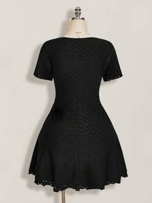 SHEIN ICON Plus Size Women's Solid Color Front Tie Short Sleeve Jacquard Knit Dress Date Night Black Summer Cute Vacation Wedding Guest Fairy Kawaii Whimsical - Black - View 2