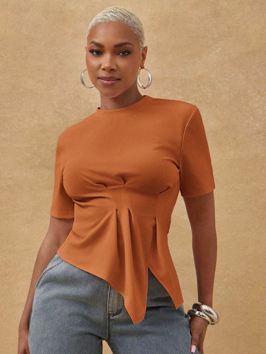 Vixey Top casual de jersey texturizado con cuello redondo, cintura ceñida y bajo asimétrico con abertura - Color caoba - Ver 1