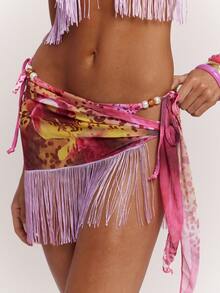 SHEIN BAE Bohemian Floral Print Tassel Hem Women's Cover Up - Pink - View 4