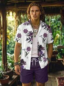 Alderstead Men's Summer White Floral Vacation Set,Boho Button-Front Short Sleeve Flower Shirt & Solid Color Shorts,Holiday Outfits Two Piece Matching Set Clothe - Multicolor - View 2