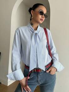 DAZY 春夏秋女款領結長袖藍白直條紋純棉布料收口袖口寬鬆休閒時尚襯衫 - 藍色 - 查看 8