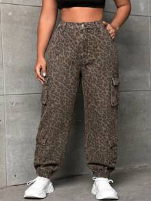 SHEIN SXY Plus Size Fashion Versatile Leopard Print Button Cargo Denim Jeans - Multicolor - View 4