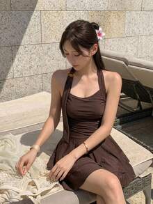 Livesso 女款金屬扣褶皺時尚荷葉邊下擺掛脖式一件式泳衣 - 咖啡棕 - 查看 7