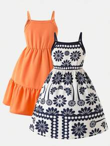 Young Girls 2-Piece Set Summer New Camisole Dress Set Solid Vibrant Orange + Vintage Floral Print Style, Waist-Defining Ruffle Hem A-Line Dress, Versatile For Multiple Occasions, Flattering For All Body Types, Daily Outings / Beach Vacation / Photo-Ready Summer Outfit - Multicolor - View 1