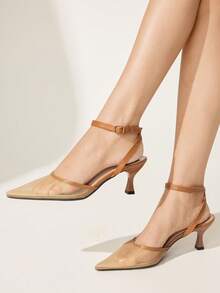 CUCCOO CHICEST Nude Mesh Pointed Kitten Heel Sandals, Buckle Commuter Dating Breathable Low Vamp High Heels - Brown - View 1