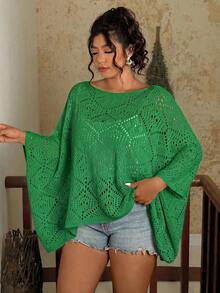 Travachic Plus Size Fashionable Solid Color Hollow Out Batwing Sleeve Sweater Autumn Winter Clothes For Women Fall - Green - View 4