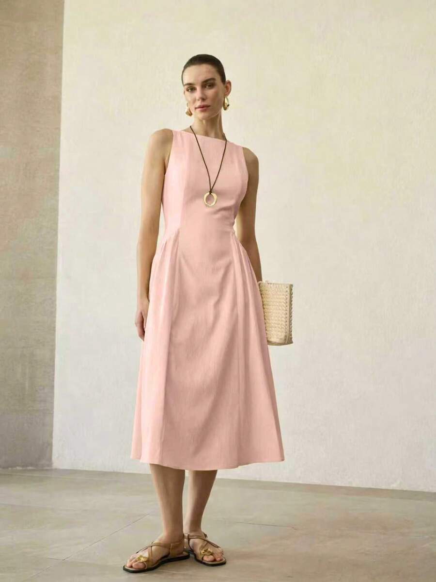 MOTF PREMIUM WOMEN'S WAIST-CINCHED BACK ZIPPER MID-LENGTH DRESS - Pink - View 1