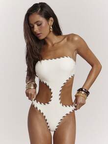 SHEIN BAE Women'S Summer Vacation Beach Patchwork Striped Hollow-Out Bandeau One-Piece Swimsuit Bathing Suits For Women One Piece Swimsuit Women - White - View 4
