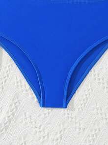 SHEIN Teen Girl Round Neck Coconut Tree Print Ruffled Top And Triangle Bikini Bottom Two-Piece Swimsuit Set With Shorts, Suitable For Summer Vacation Beach - Royal Blue - View 4