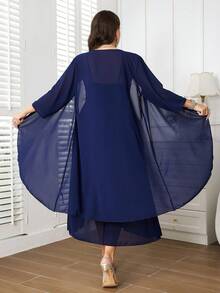 Reflora Conjunto de 2 piezas para mujer talla grande con bata exterior de unicolor de manga 3/4 y vestido camisola elegante plisado decorado con strass - Azul Marino - Ver 10