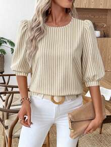 EMERY ROSE Women's Casual Commute Apricot Faux Texture Striped Print Lantern Sleeve Blouse Suitable For Spring And Summer - Multicolor - View 5