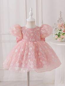 SHEIN Glamorique Kids 女嬰生日派對、婚禮節日舞會禮服裙，後背大蝴蝶結，薄紗3D花朵公主裙，中東、歐美風格，四季皆宜 - 藕粉色 - 查看 3