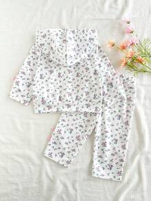 SHEIN Vintaside Kids 女嬰秋冬款柔軟舒適復古碎花粉色蝴蝶結裝飾長袖連帽衛衣 & 長褲 2件套，適合日常穿著與外出 - 粉色 - 查看 3
