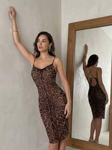 Rafferiza Women's Backless Hollow Out Strappy Leopard Print Nightgown, Draped Neck See-Through Homewear Dress - Multicolor - View 7