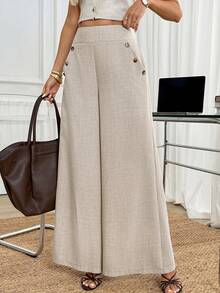 Easowa Women's High-Waisted Wide-Leg Long Pants With Diagonal Pocket And Button Decor, Comfortable Fabric, Casual Relaxed Elegant Commute Old Money Style - Apricot - View 6