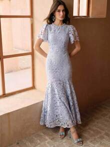 Anewsta Women's Elegant Water-Soluble Floral Hollow-Out Long Dress - Blue - View 4