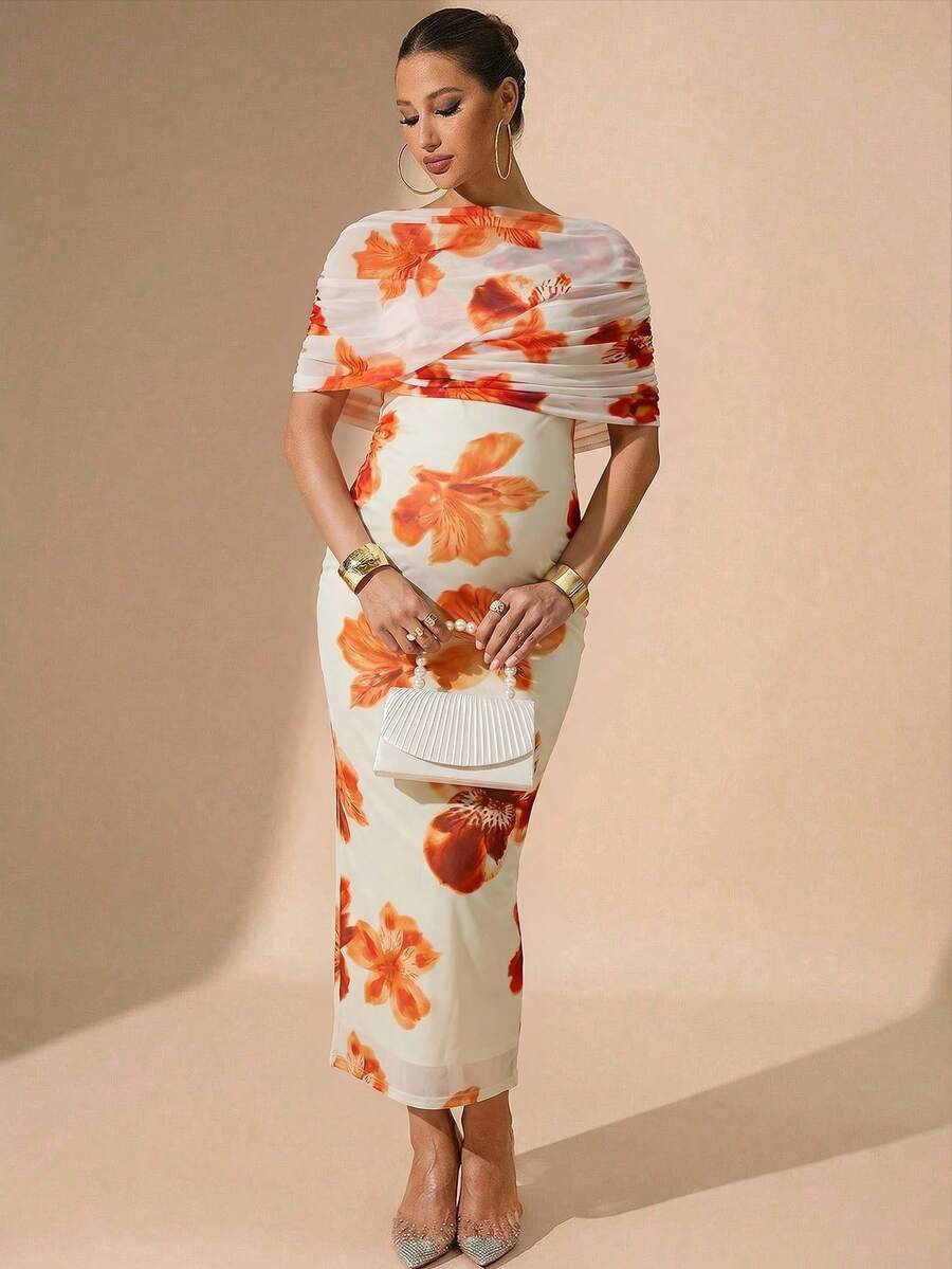 MaterniChic 孕婦花卉印花修身優雅派對場合洋裝 - 橘色 - 查看 1
