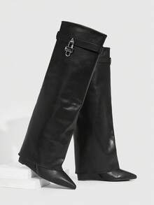 CUCCOO SZL Women's Pointed Toe Buckle Decor Tall Boots - Black - View 2