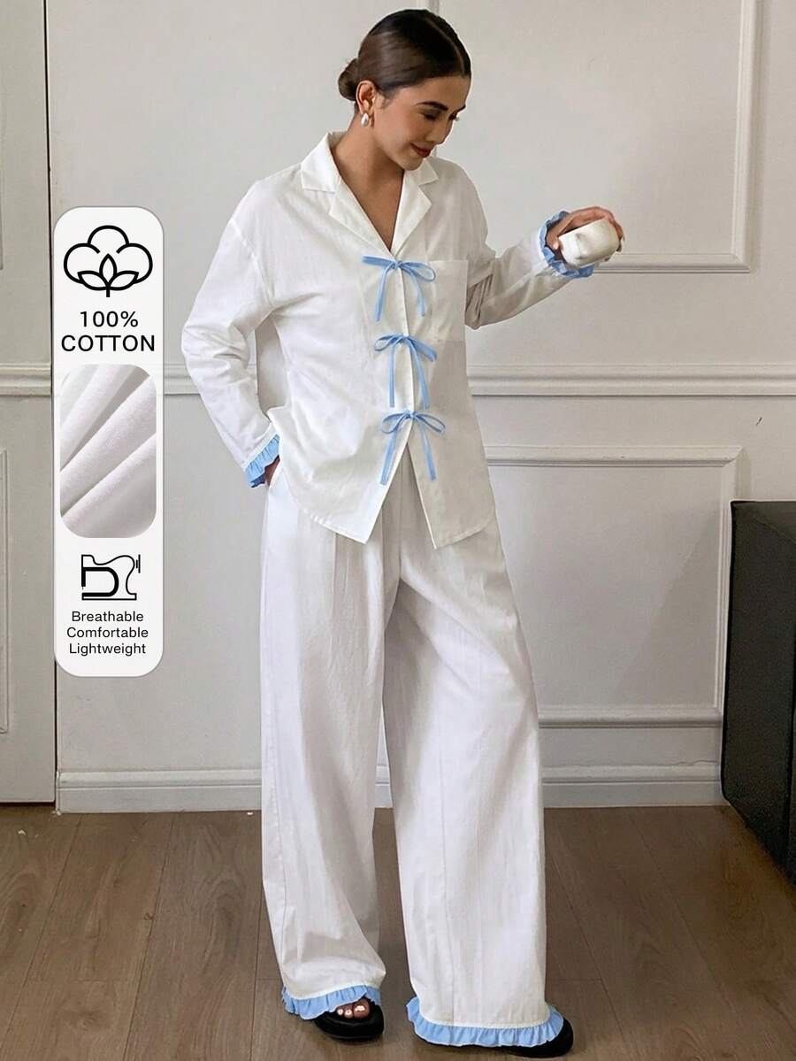 DAZY Cute Colorblock Lace-Up Bow Ruffle Trim Cardigan Long Sleeve & Long Pants 2pcs Set Spring Women's Pajama Set Fall - White - View 1
