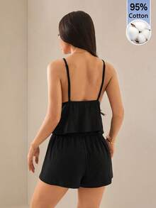 SHEIN PETITE 2件組女款可調節黑色針織上衣+荷葉邊下擺長褲套裝，夏季性感時尚海灘度假休閒波希米亞風西式街頭派對穿搭，適合嬌小女性 - 黑色 - 查看 2