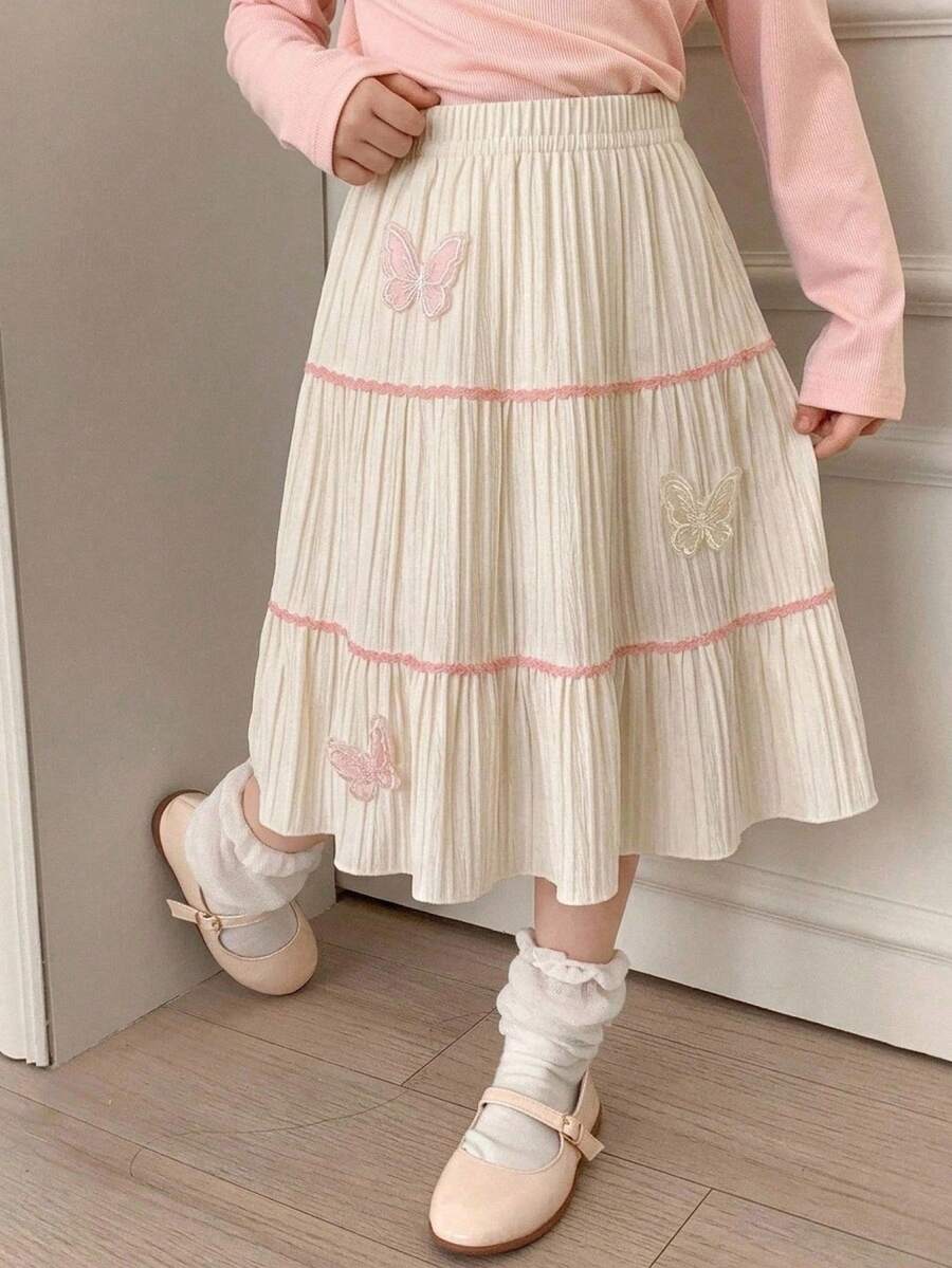 少女紋理杏色緞帶花卉3D荷葉邊A字裙,適合休閒、可愛且優雅的日常穿著 - 白色 - 查看 1