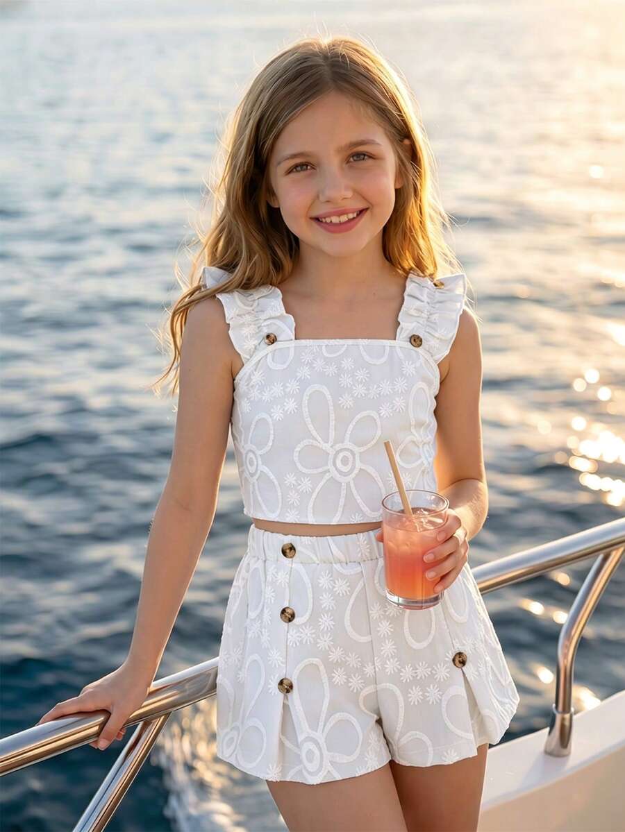 Tween Girl Solid Color Jacquard Tank Top + Shorts 2 Pieces Set - White - View 1