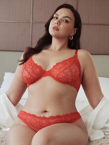 Slumbrini 1 Set Women Plus Size Solid Color Lace Underwire Comfortable Bra Set, Lift - Red - View 3
