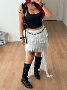 Coolane 女款大尺碼夏秋街頭風仙女 Y2K 外出夜店派對海灘度假休閒波西米亞優雅荷葉邊網紗裙 全白萬聖節 - 白色 - 查看 4