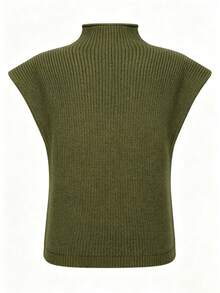 EMERY ROSE Women's Solid Color Stand Collar Casual Versatile Daily Knit Top - Army Green - View 2