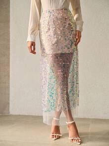 Anewsta Summer Fashion Elegant Ocean Shell Iridescent Sequin Mid-Waist Women's Skirt - Apricot - View 5