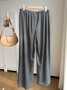 SHEIN CURVE+ 秋冬黑白條紋休閒百搭抽繩大尺碼長褲 - 深灰色 - 查看 2