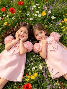 SHEIN Glamorique Kids 女嬰粉色正式禮服 3D玫瑰刺繡短袖洋裝，嬰兒生日禮服適用於婚禮、晚宴、派對、日常穿著、拍照、度假、夏季穿搭、派對穿搭指南 - 粉色 - 查看 3