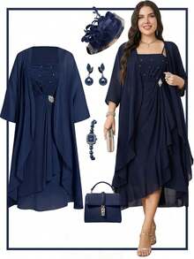 Reflora Conjunto de 2 piezas para mujer talla grande con bata exterior de unicolor de manga 3/4 y vestido camisola elegante plisado decorado con strass - Azul Marino - Ver 2