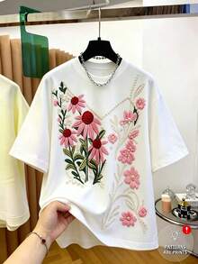 Everyssa Women's Cute T-Shirt White And Pink Floral Embroidery Pearl Print Round Neck Short Sleeve Summer Top,Suitable For Tea Party,Vacation & Casual Wear - Multicolor - View 1